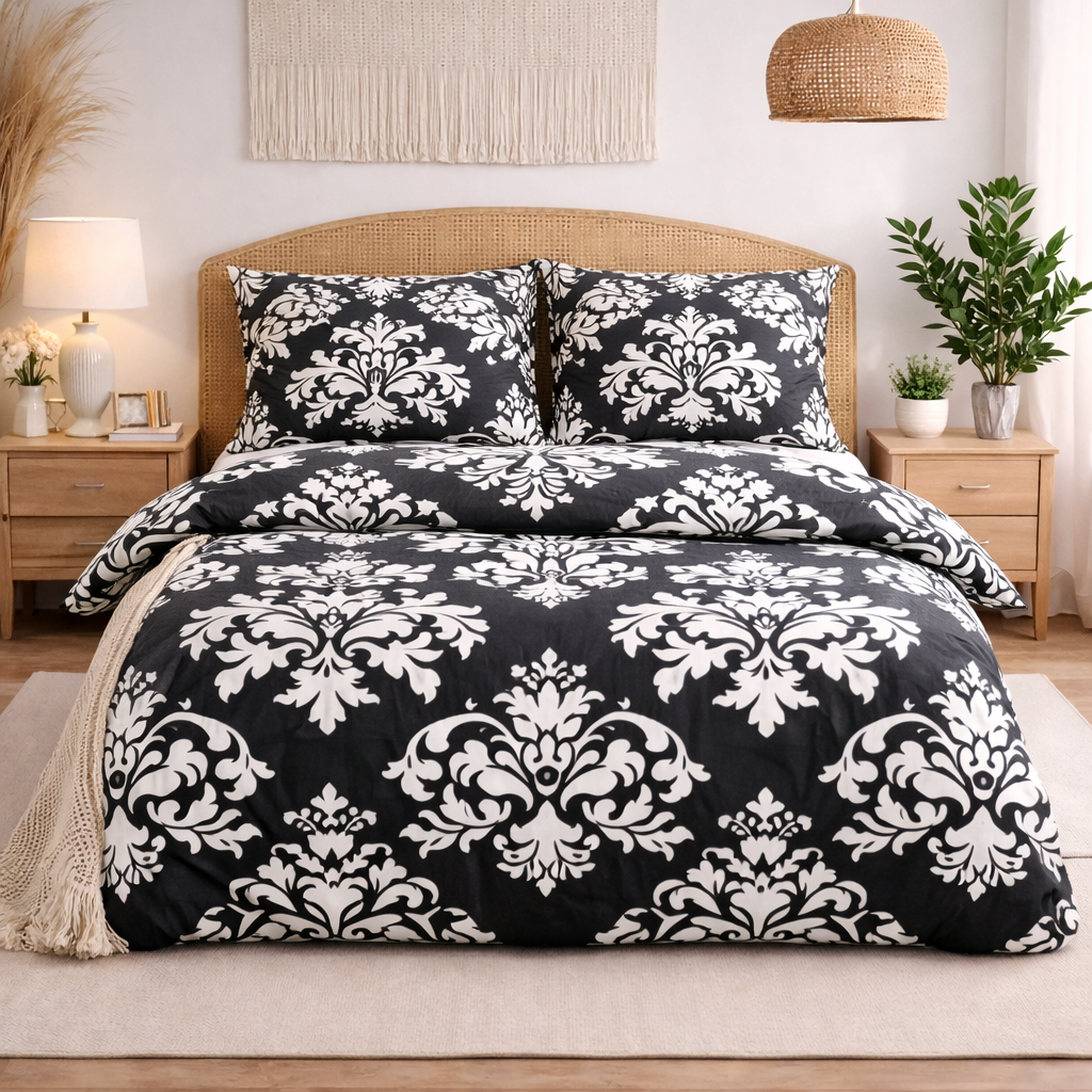 Siyah Beyaz Damask Desenli Nevresim Takımı | %100 Pamuklu