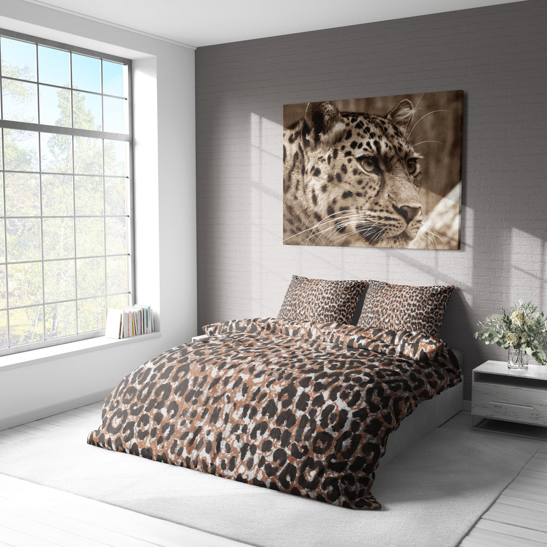 Kahve Leopar Desenli Pamuklu Nevresim Takımı | Lastikli Çarşaflı