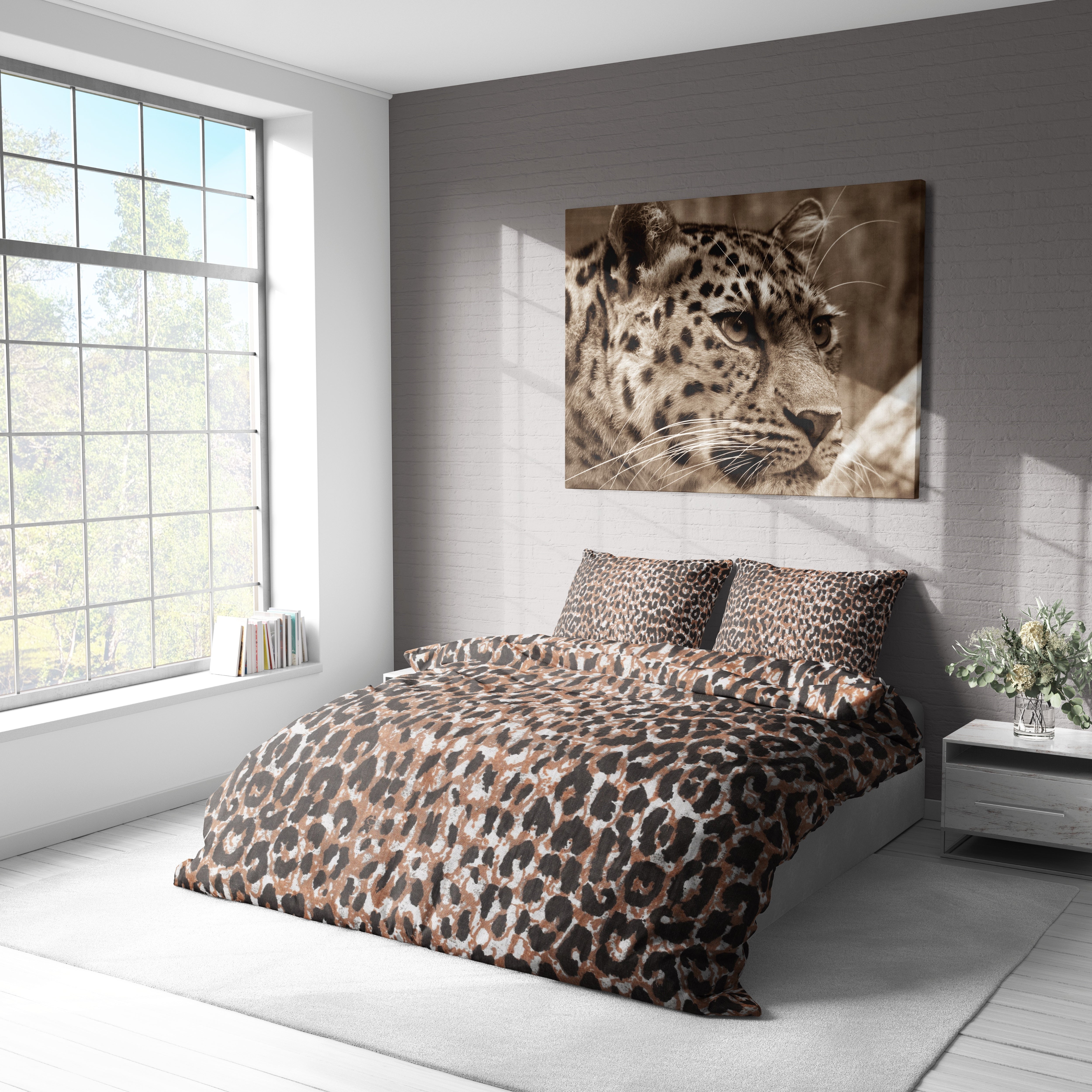 Kahve Leopar Desenli Pamuklu Nevresim Takımı | Lastikli Çarşaflı