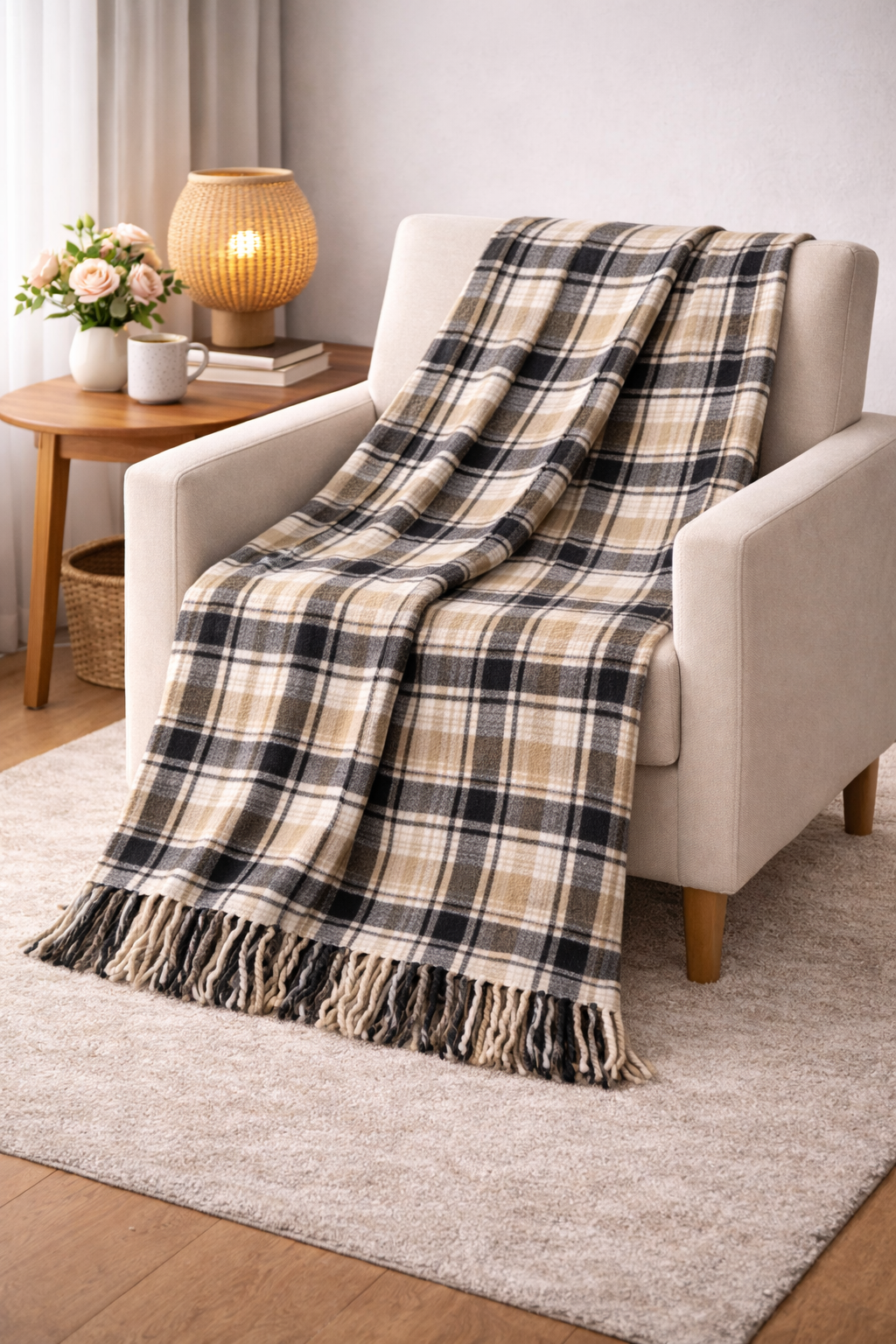 Bej Kahverengi Ekose Desenli Püsküllü Battaniye