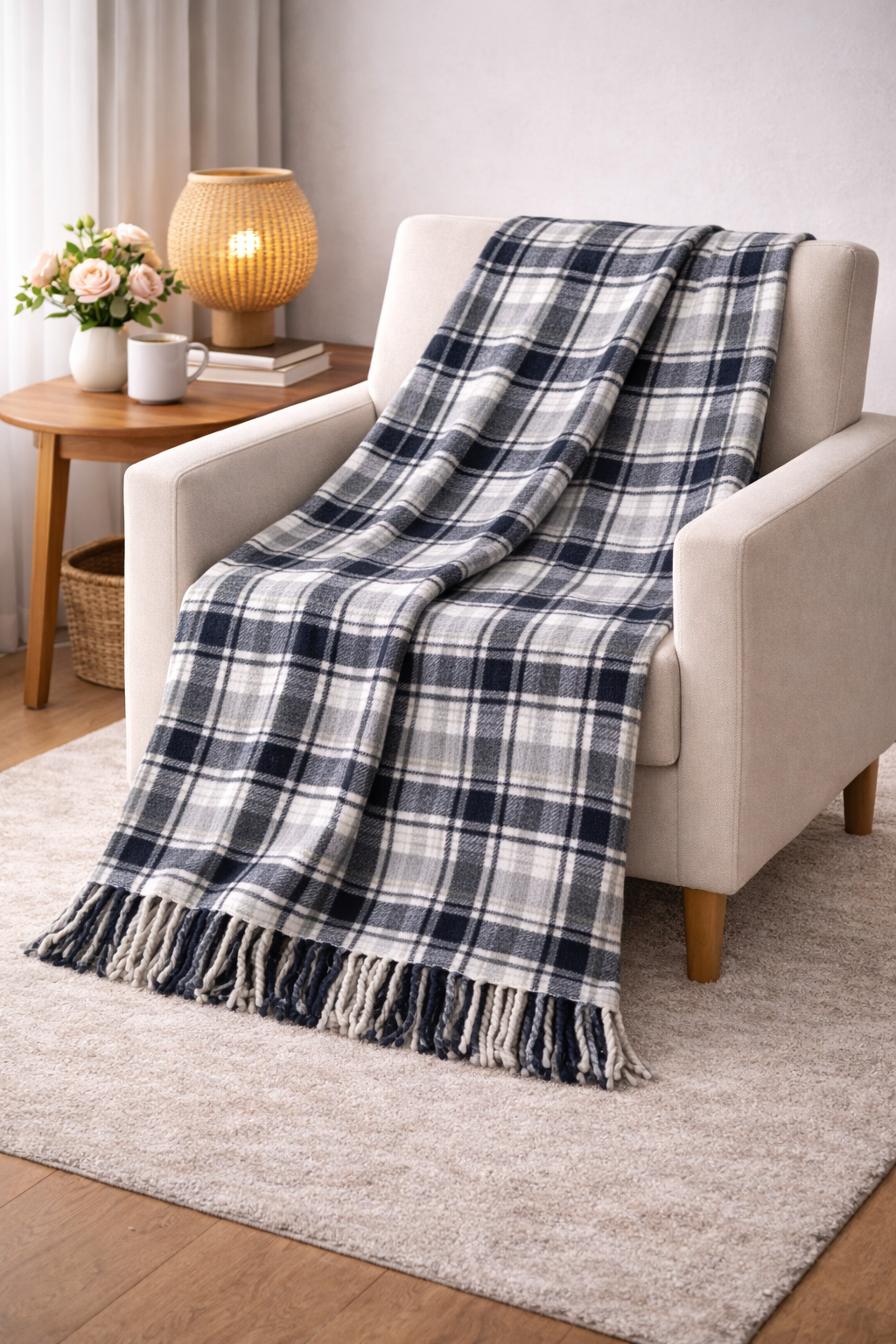 Gri Ekose Desenli Püsküllü Battaniye