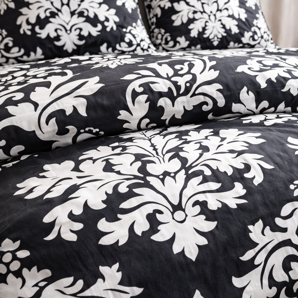 Siyah Beyaz Damask Desenli Nevresim Takımı | %100 Pamuklu