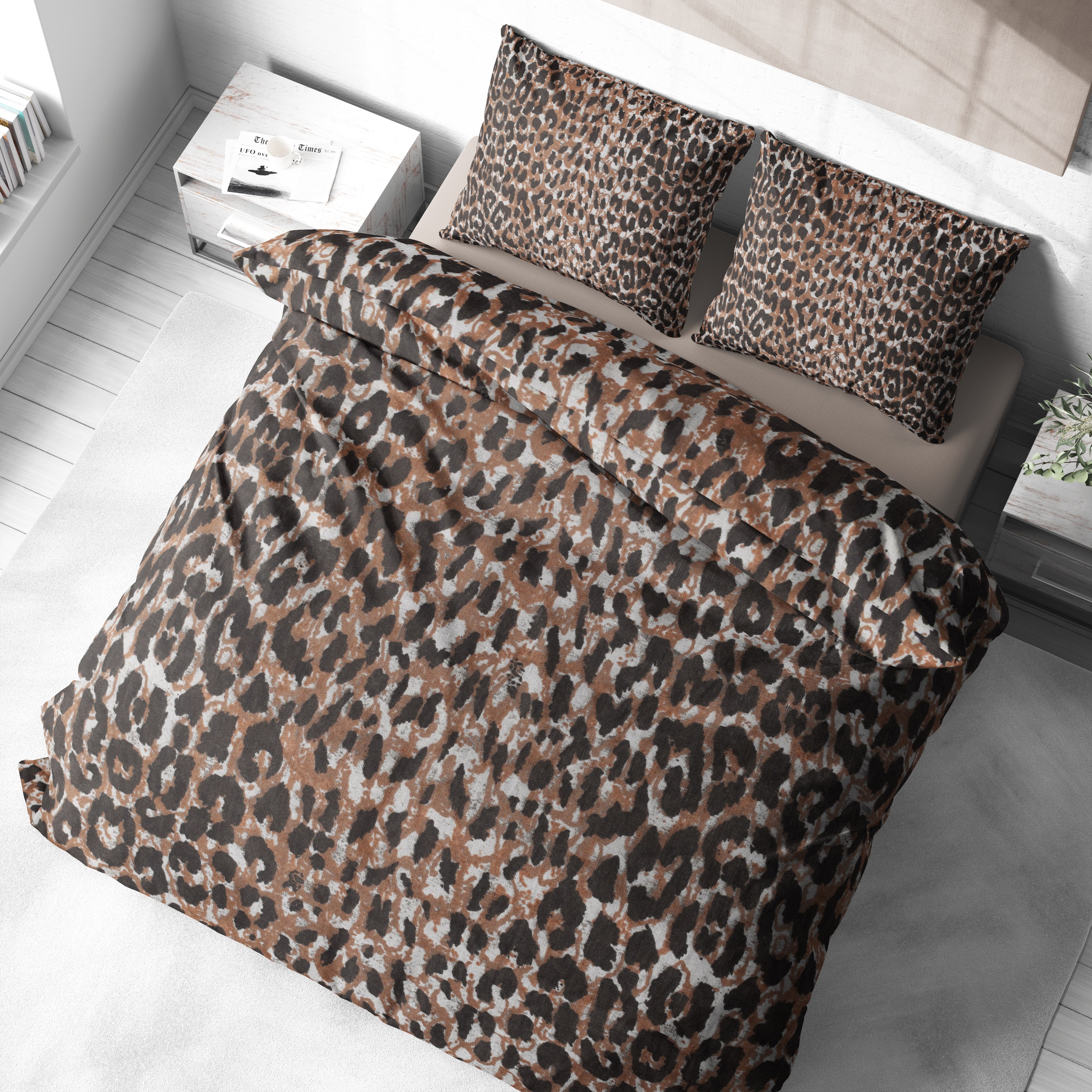 Kahve Leopar Desenli Pamuklu Nevresim Takımı | Lastikli Çarşaflı