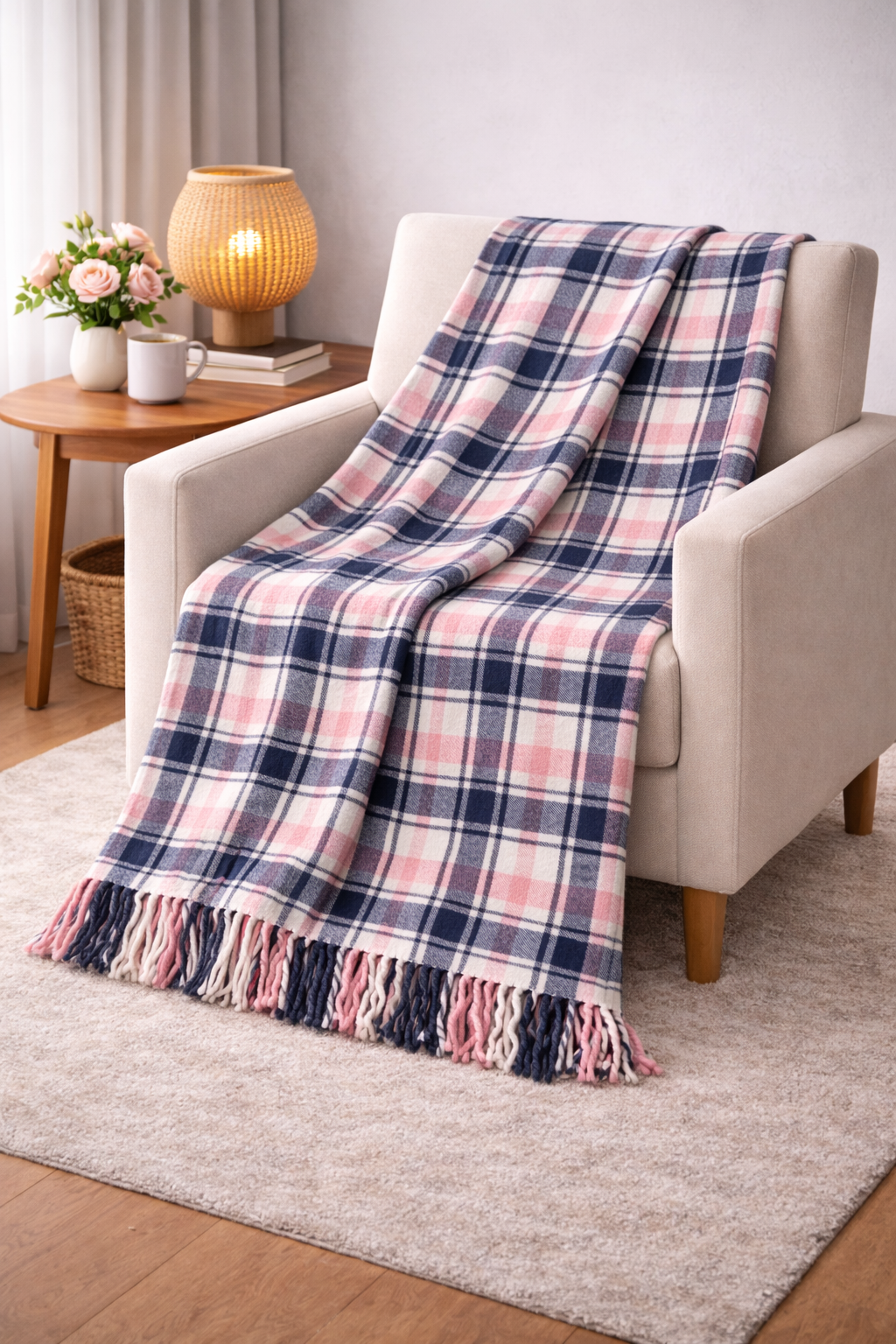 Ekose Desenli Püsküllü Pamuklu Battaniye