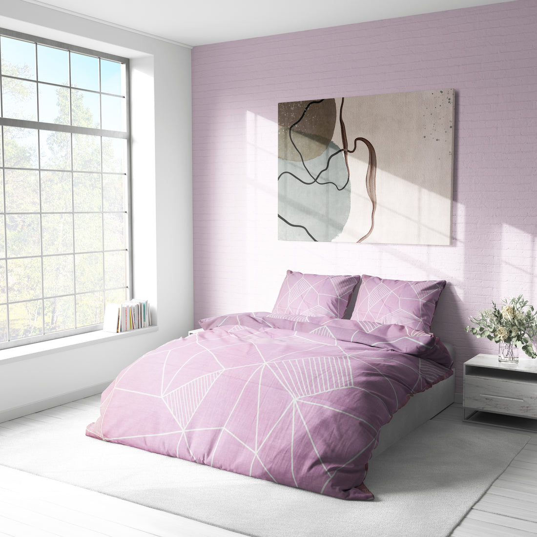 Pudra Pembe Geometrik Desenli Nevresim Takımı | %100 Pamuklu