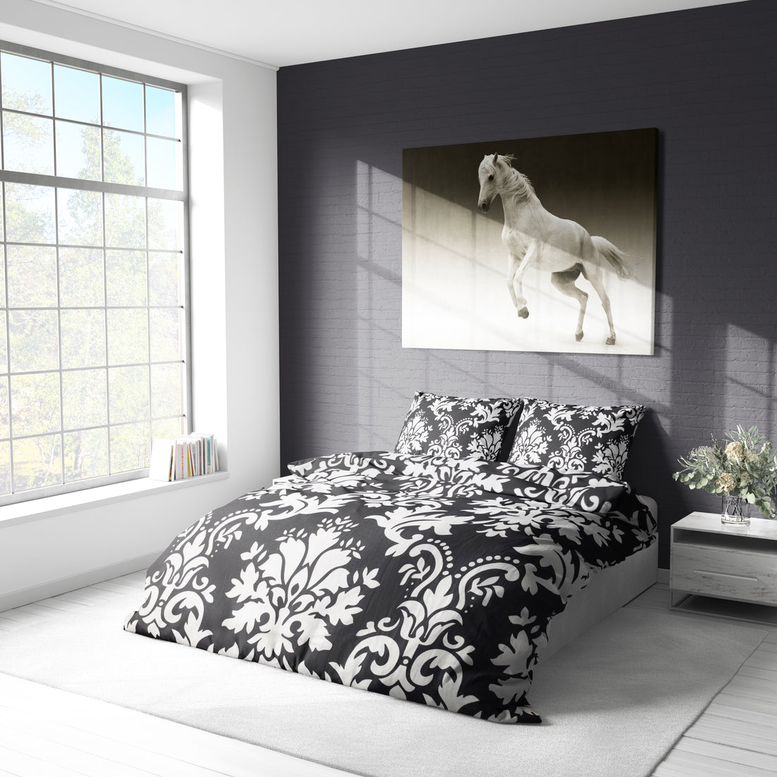 Siyah Beyaz Damask Desenli Nevresim Takımı | %100 Pamuklu