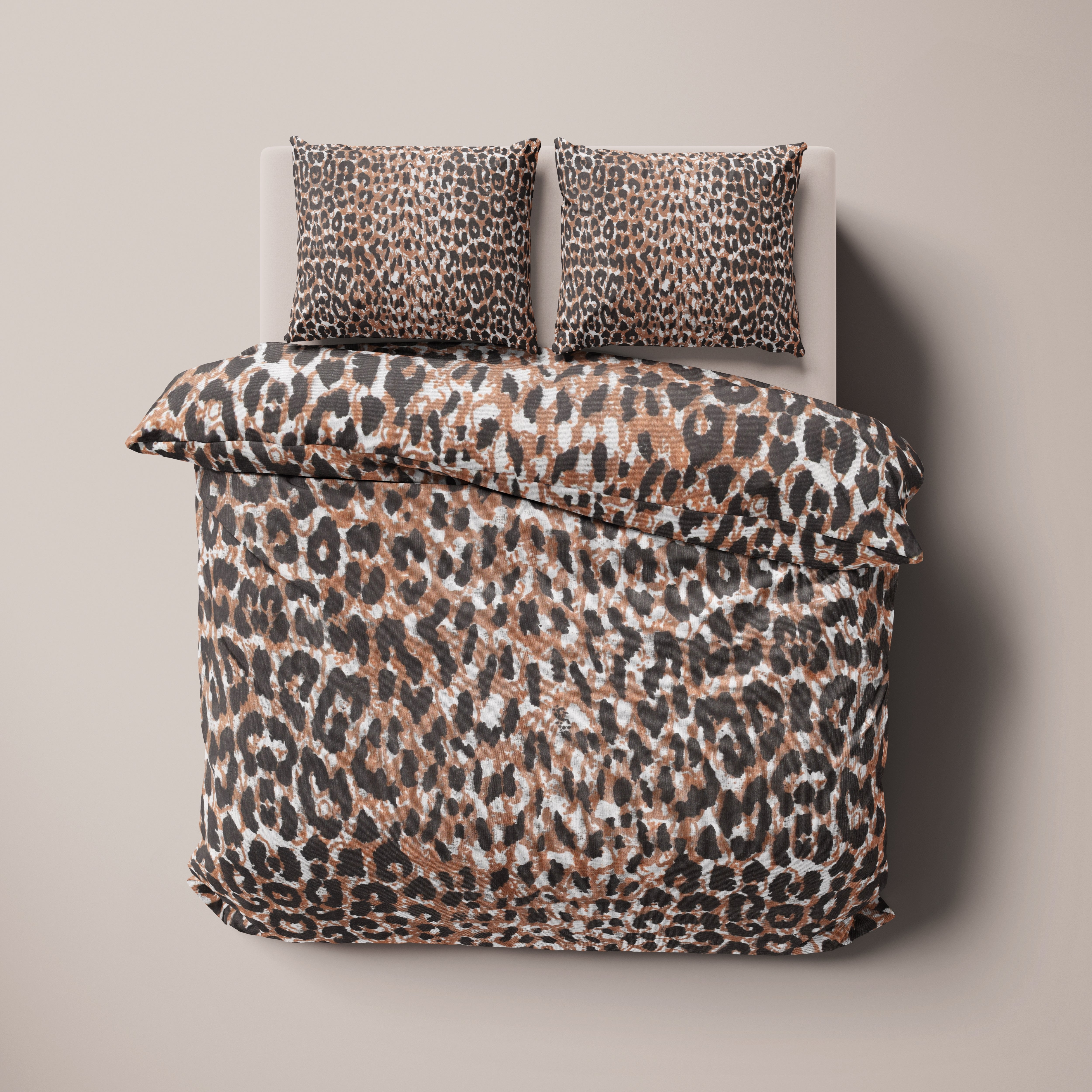 Kahve Leopar Desenli Pamuklu Nevresim Takımı | Lastikli Çarşaflı