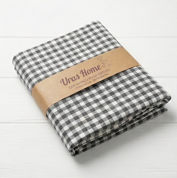 Gri Beyaz Pötikare Desenli Pamuklu Masa Örtüsü