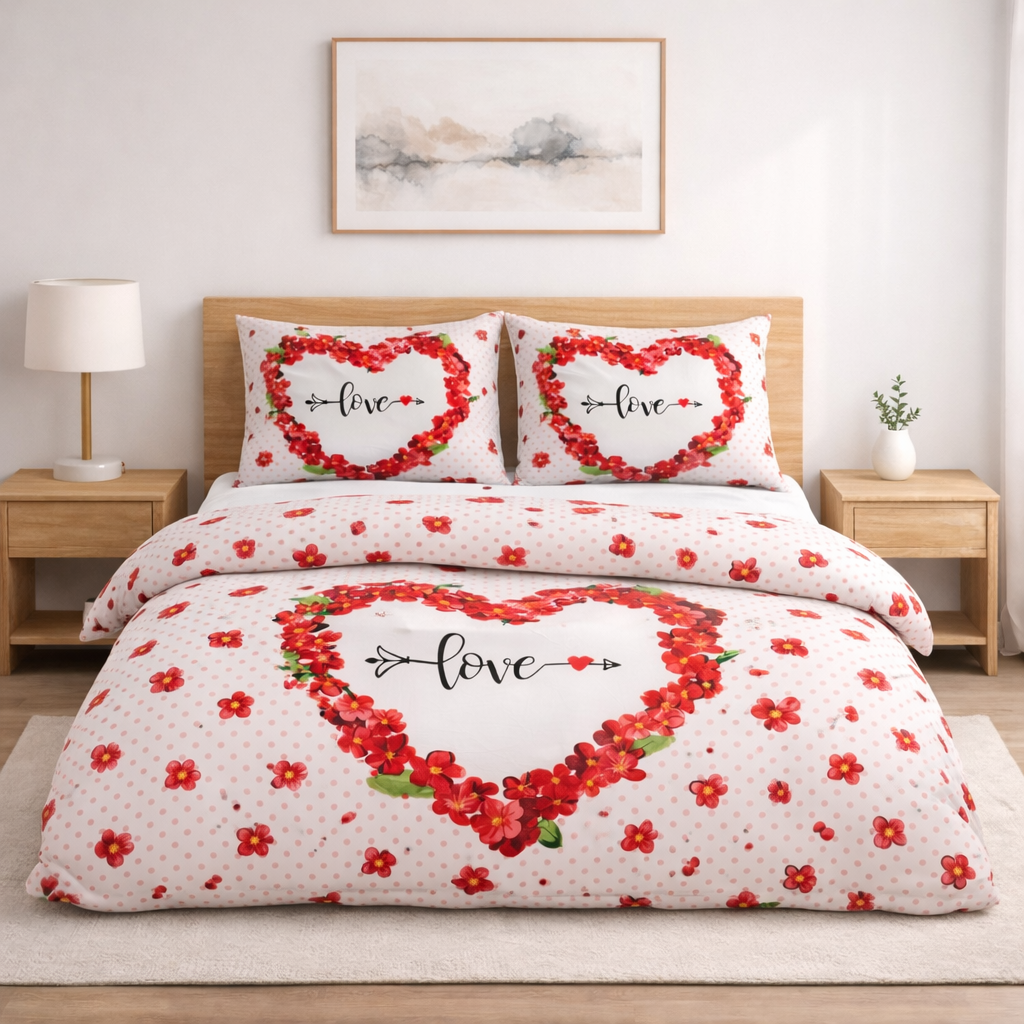 Kırmızı Love Yazılı Çiçek Desenli Nevresim Takımı | %100 Pamuklu