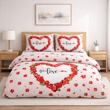 Kırmızı Love Yazılı Çiçek Desenli Nevresim Takımı | %100 Pamuklu