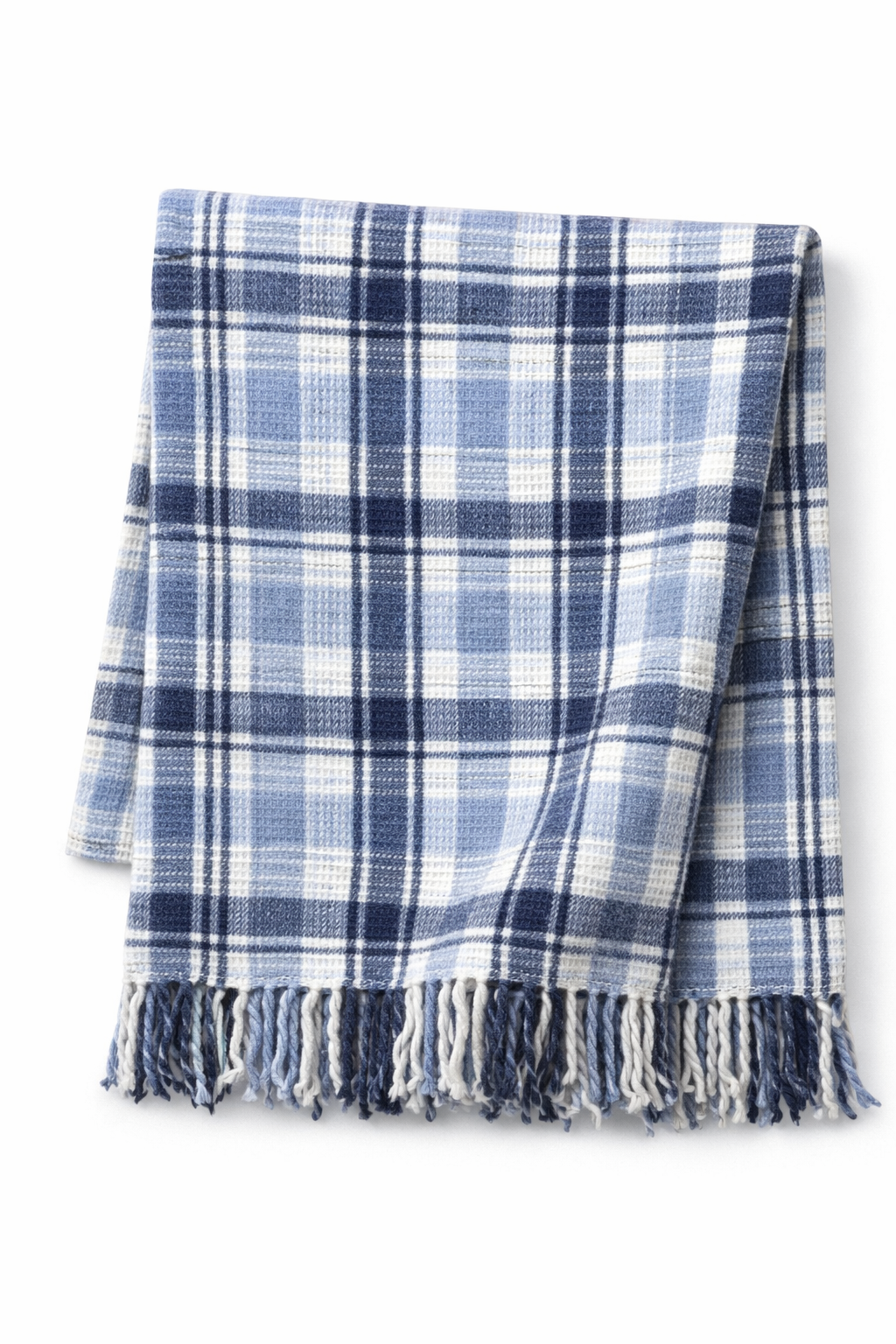 Mavi Ekose Desenli Püsküllü Battaniye