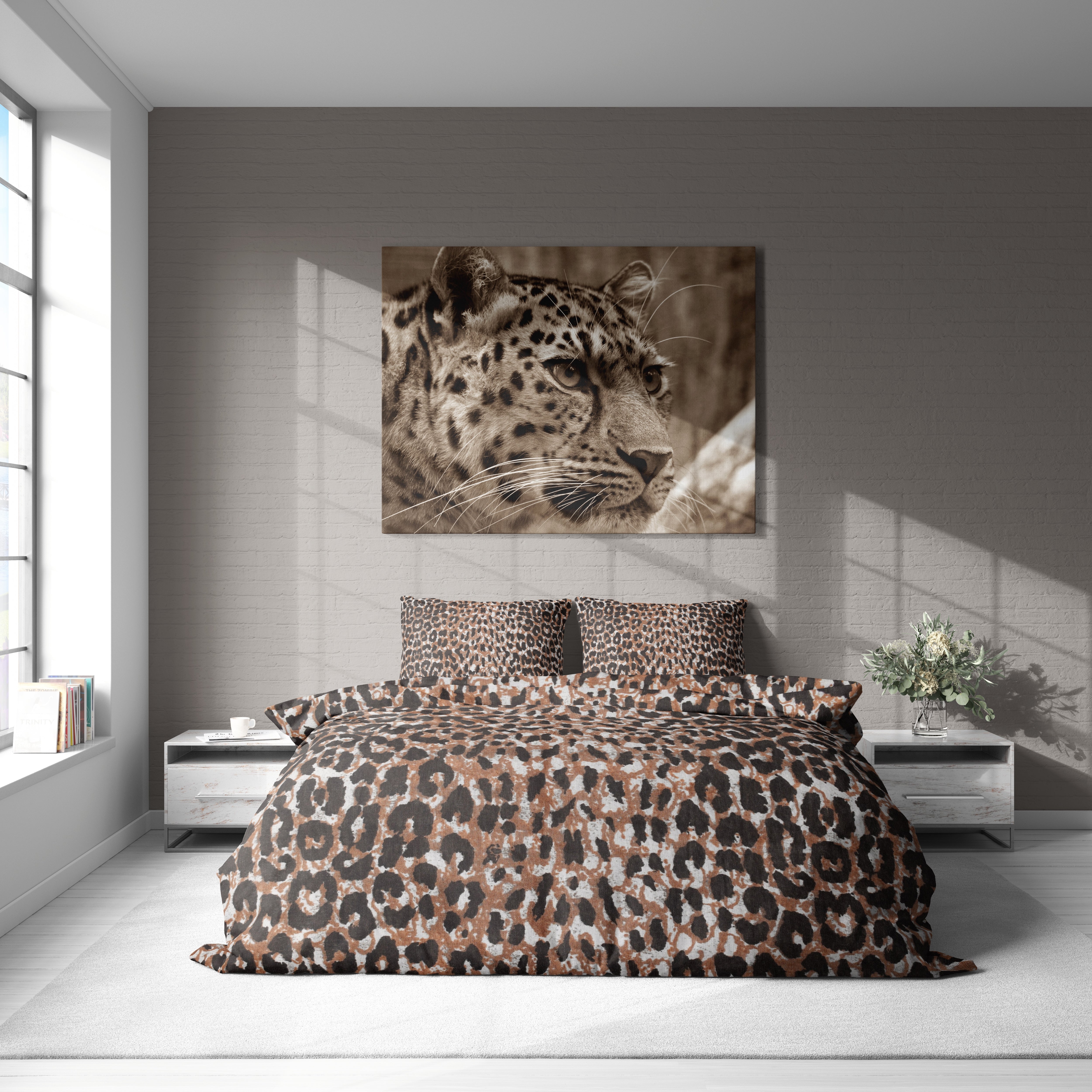 Kahve Leopar Desenli Pamuklu Nevresim Takımı | Lastikli Çarşaflı