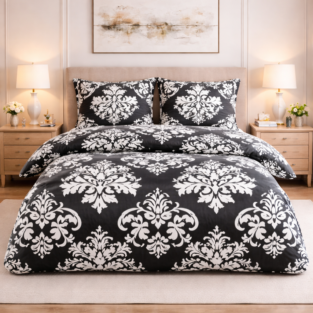 Siyah Beyaz Damask Desenli Nevresim Takımı | %100 Pamuklu