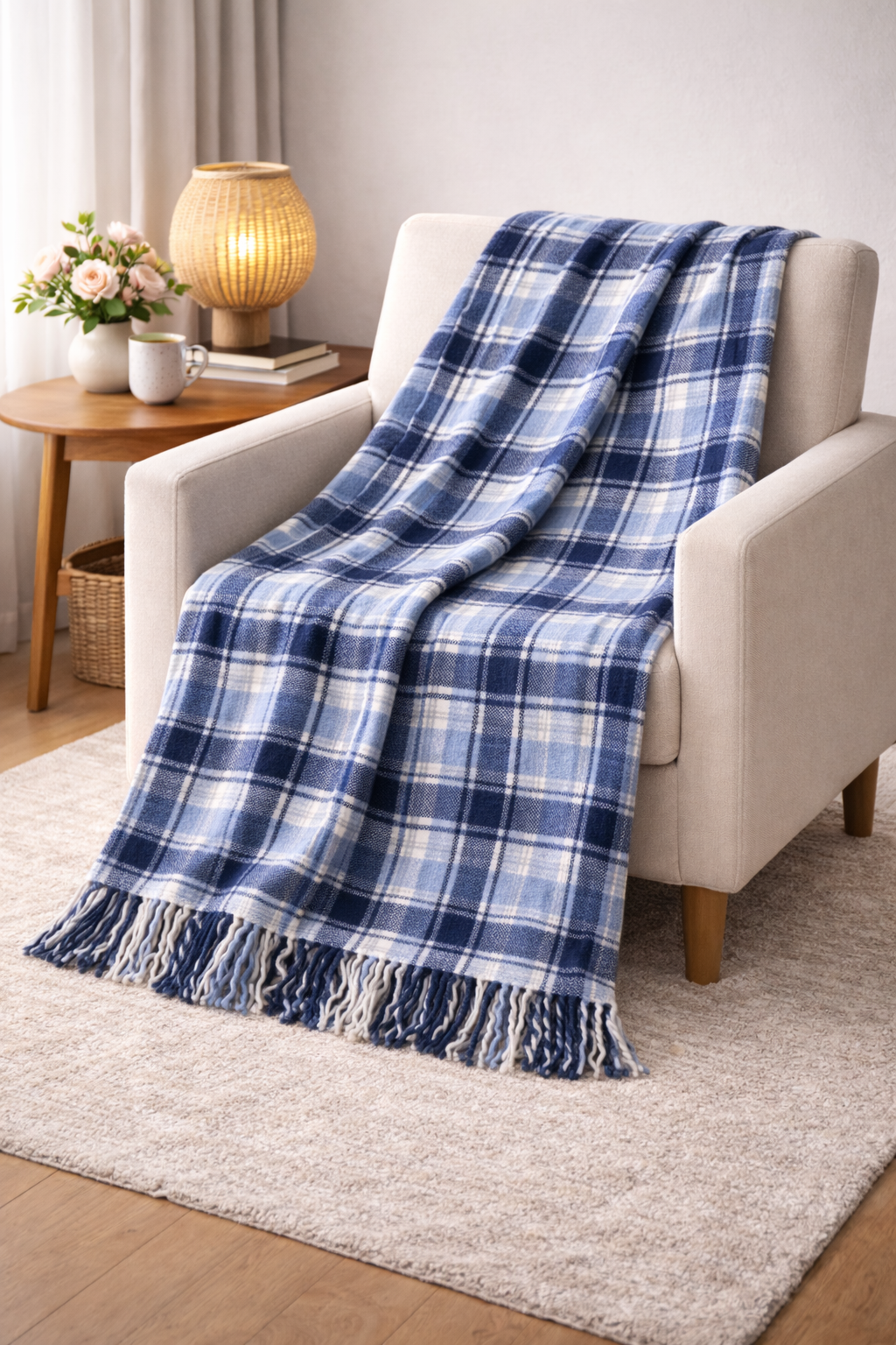 Mavi Ekose Desenli Püsküllü Battaniye