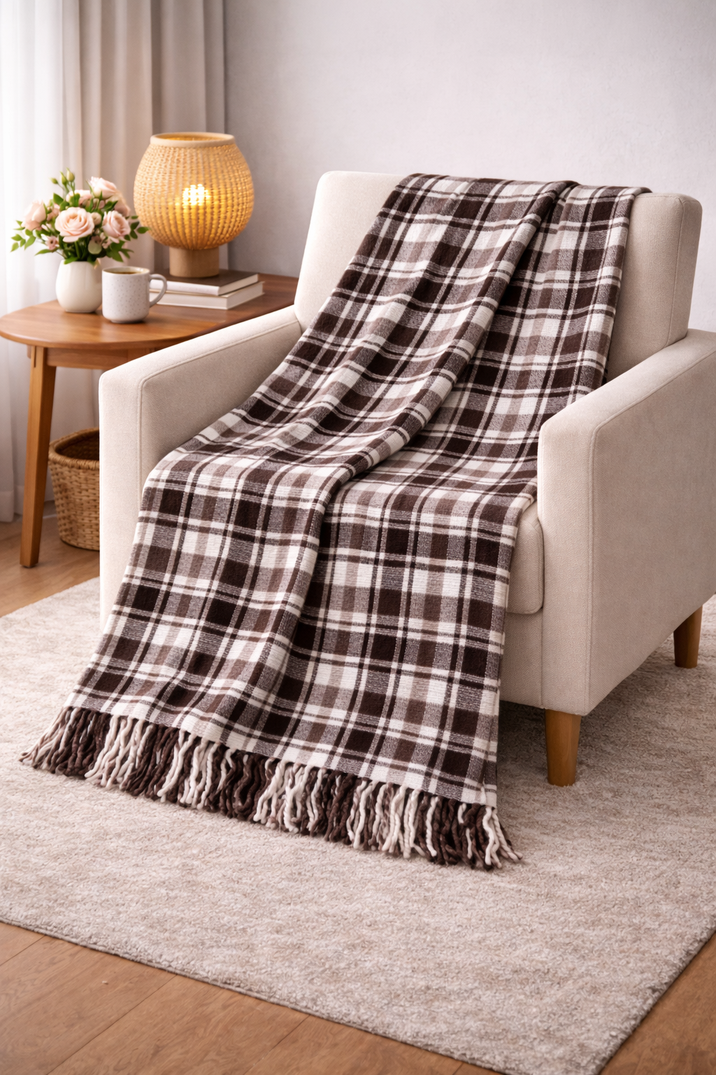 Kahverengi Ekose Desenli Püsküllü Battaniye