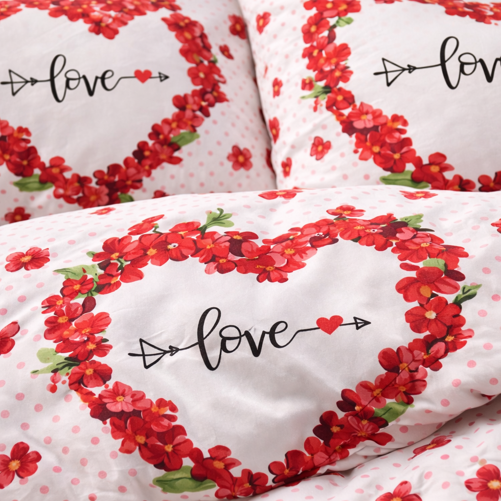 Kırmızı Love Yazılı Çiçek Desenli Nevresim Takımı | %100 Pamuklu