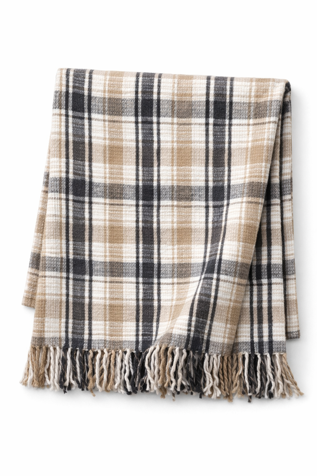 Bej Kahverengi Ekose Desenli Püsküllü Battaniye