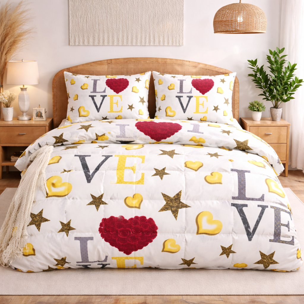 Love Yazılı Çiçek Desenli Nevresim Takımı | %100 Pamuklu