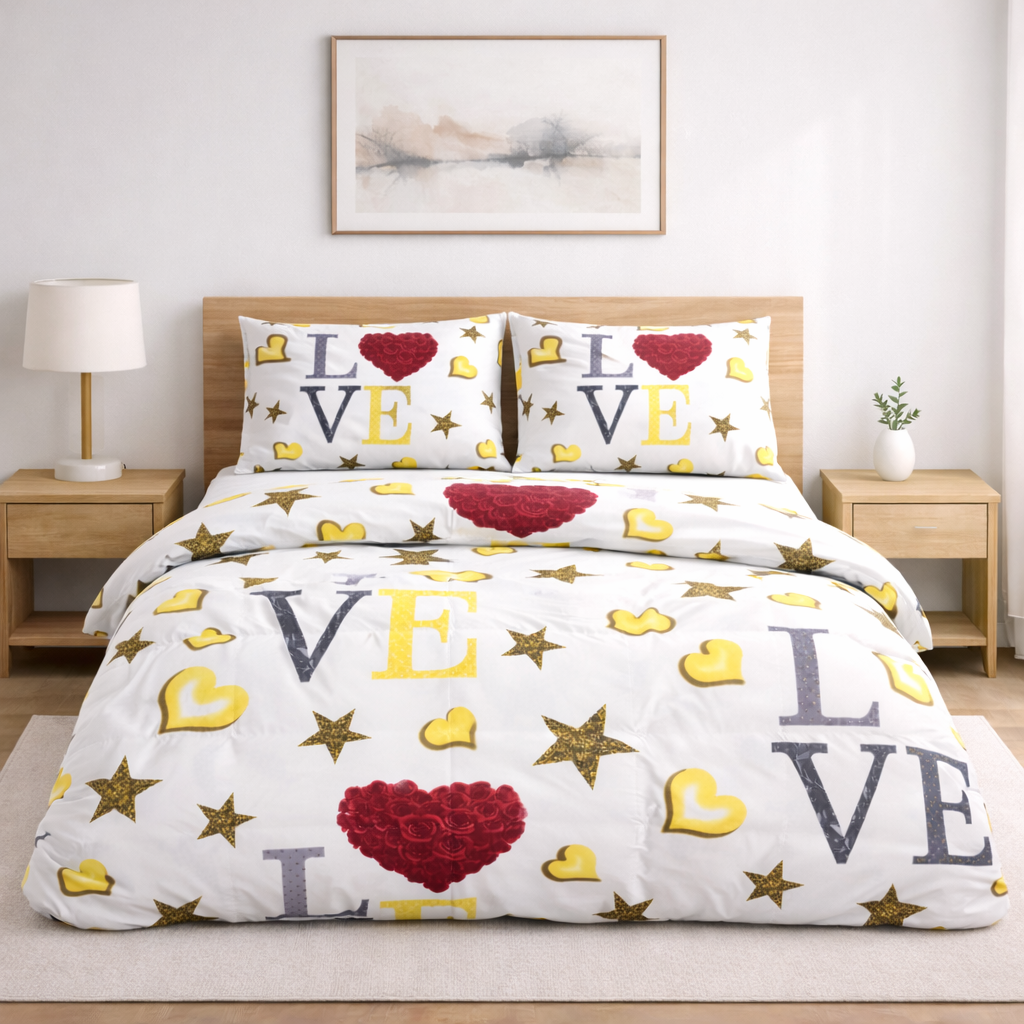 Love Yazılı Çiçek Desenli Nevresim Takımı | %100 Pamuklu