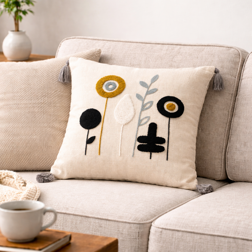 Nakışlı Çiçek Desenli Dekoratif Kırlent Kılıfı | Püsküllü Yastık Kılıfı