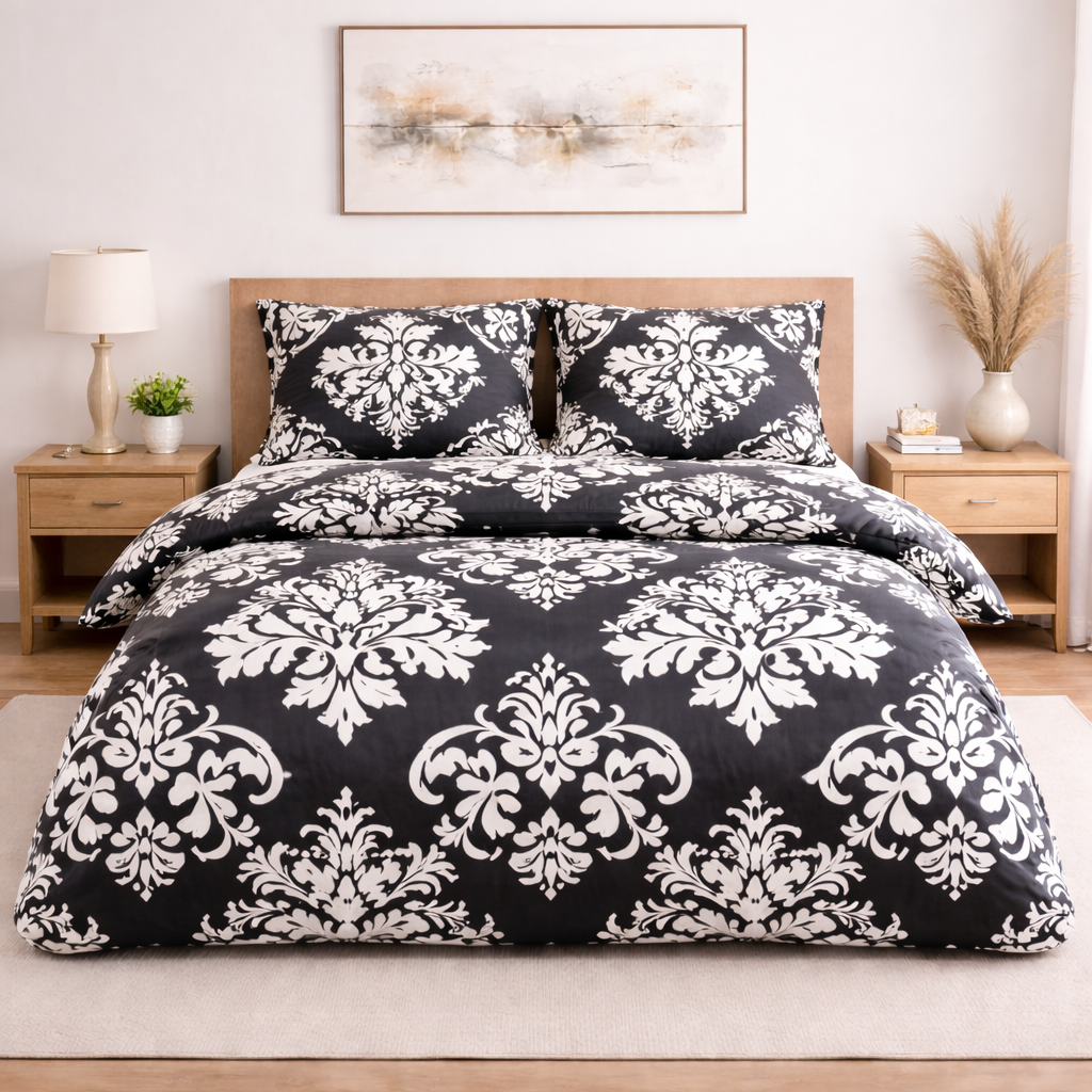 Siyah Beyaz Damask Desenli Nevresim Takımı | %100 Pamuklu