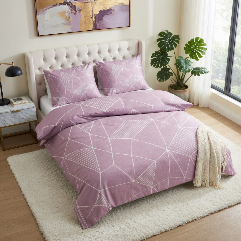 Pudra Pembe Geometrik Desenli Nevresim Takımı | %100 Pamuklu