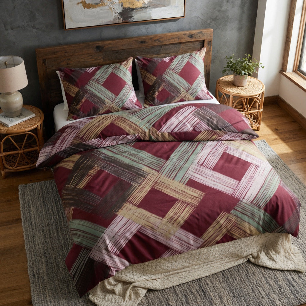 Bordo Modern Çapraz Çizgili Nevresim Takımı | %100 Pamuklu