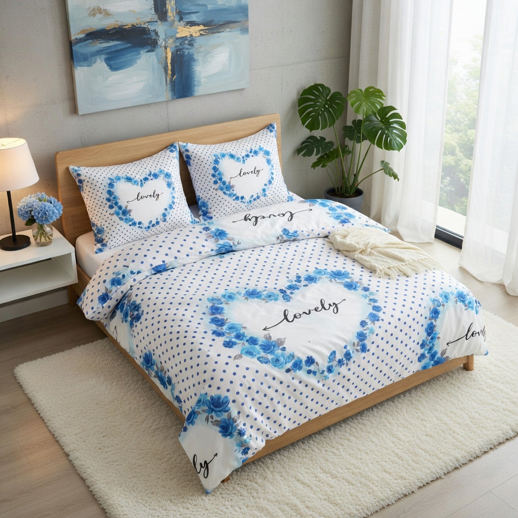 Mavi Love Yazılı Çiçek Desenli Nevresim Takımı | %100 Pamuklu