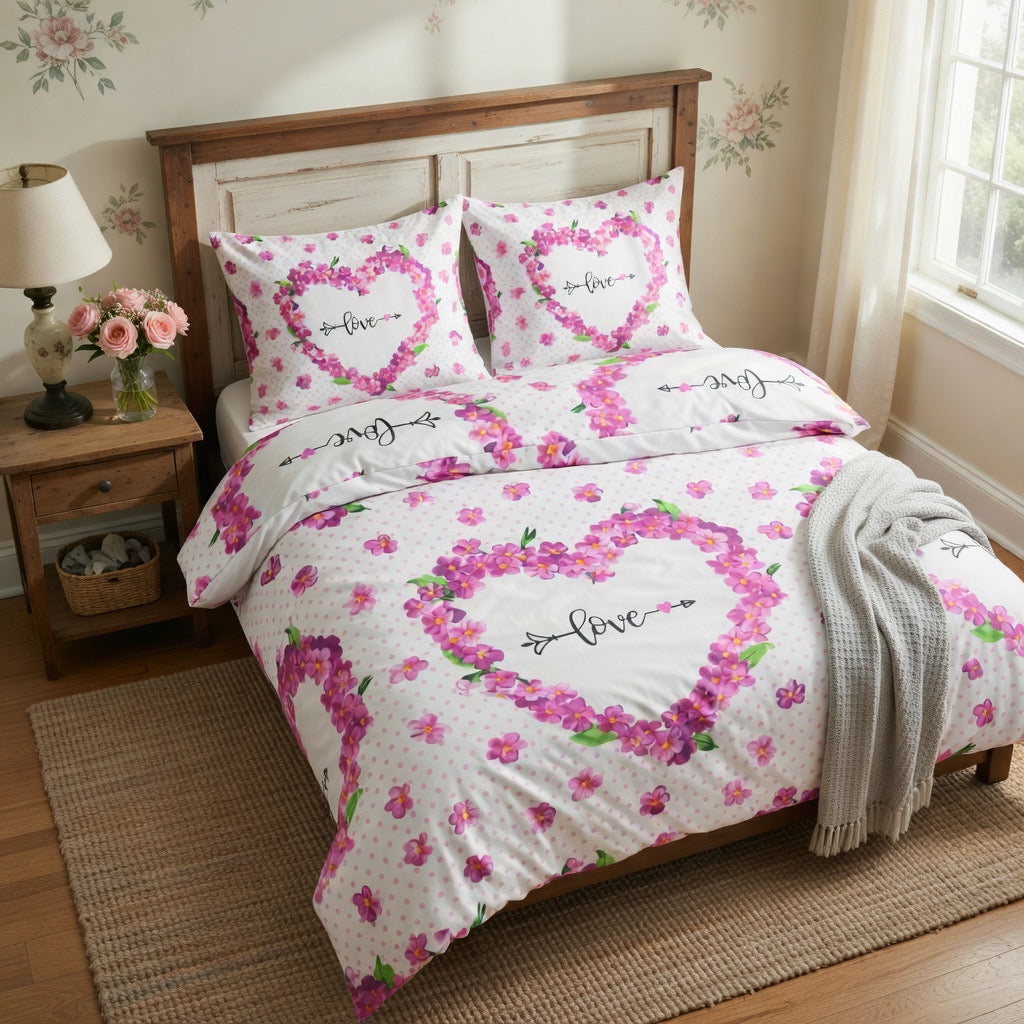 Pembe Love Yazılı Çiçek Desenli Nevresim Takımı | %100 Pamuklu