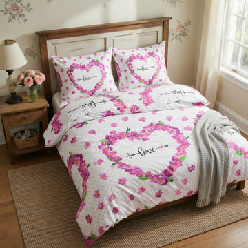 Pembe Love Yazılı Çiçek Desenli Nevresim Takımı | %100 Pamuklu