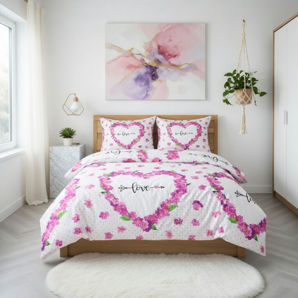 Pembe Love Yazılı Çiçek Desenli Nevresim Takımı | %100 Pamuklu