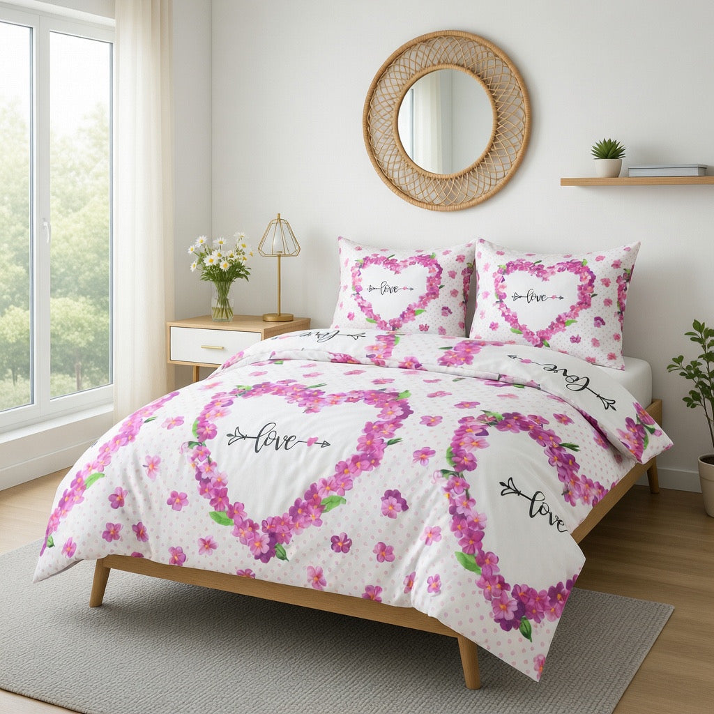 Pembe Love Yazılı Çiçek Desenli Nevresim Takımı | %100 Pamuklu