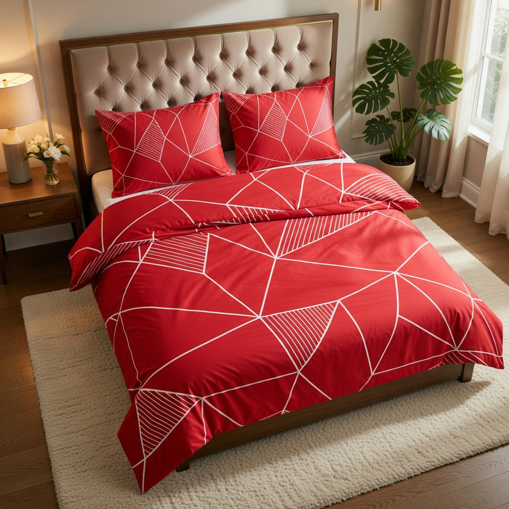Kırmızı Geometrik Desenli Nevresim Takımı | %100 Pamuklu