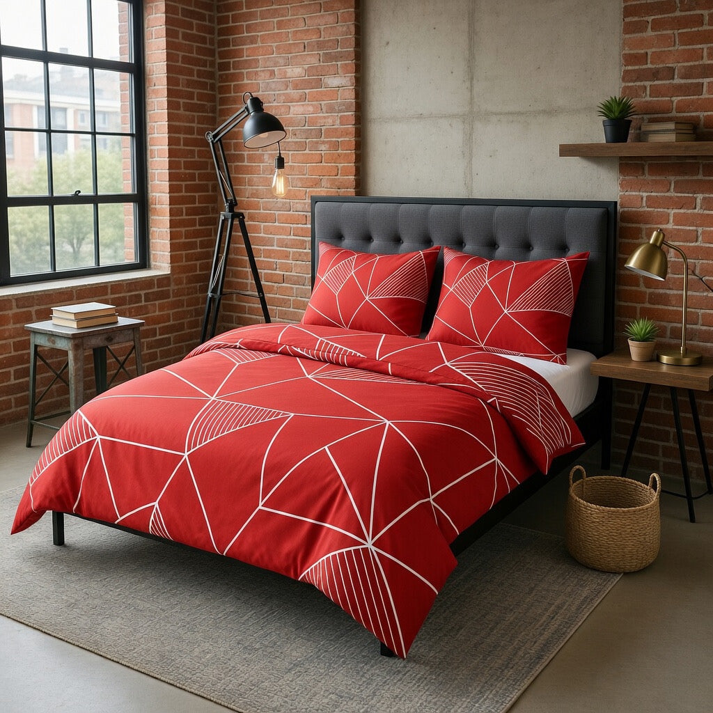 Kırmızı Geometrik Desenli Nevresim Takımı | %100 Pamuklu