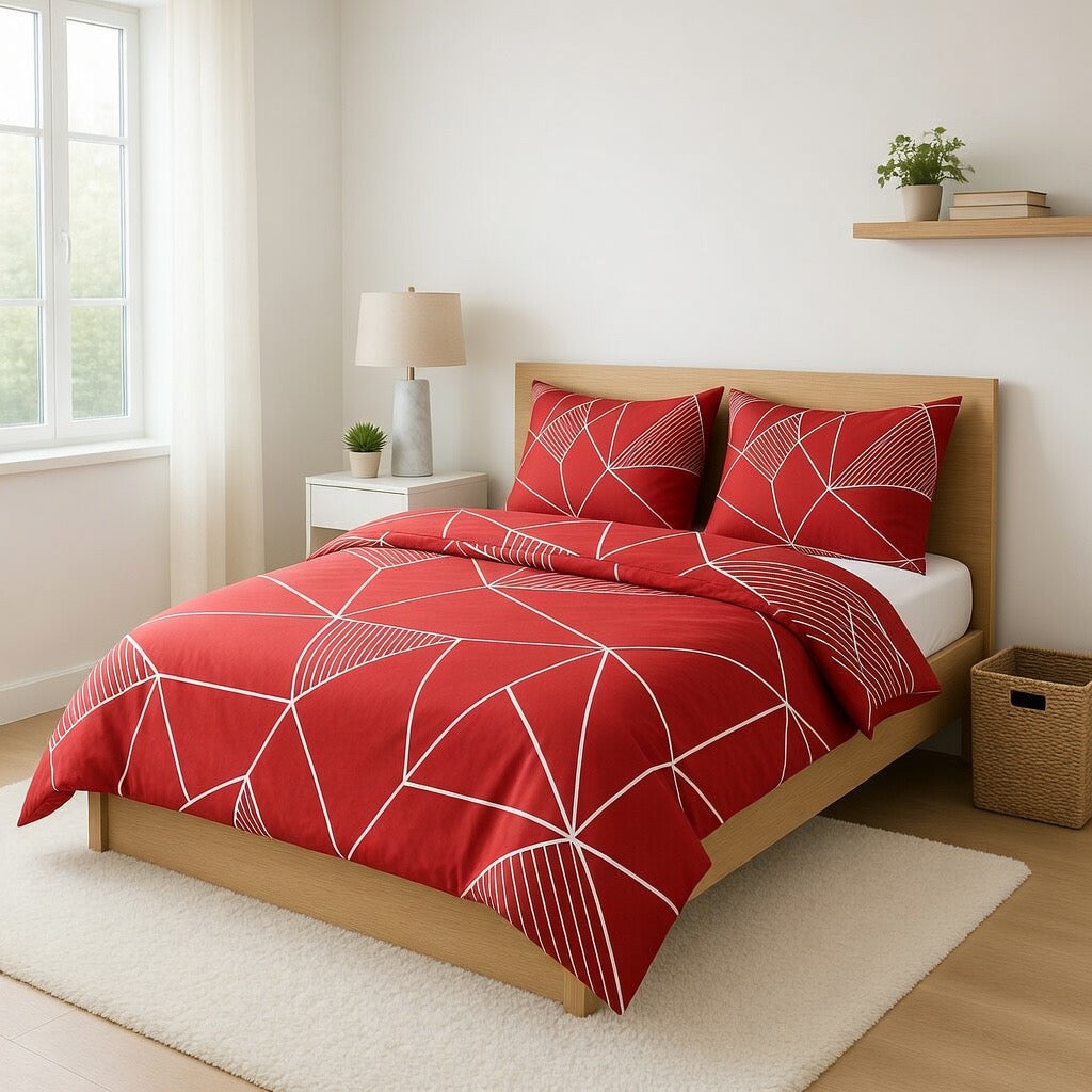 Kırmızı Geometrik Desenli Nevresim Takımı | %100 Pamuklu