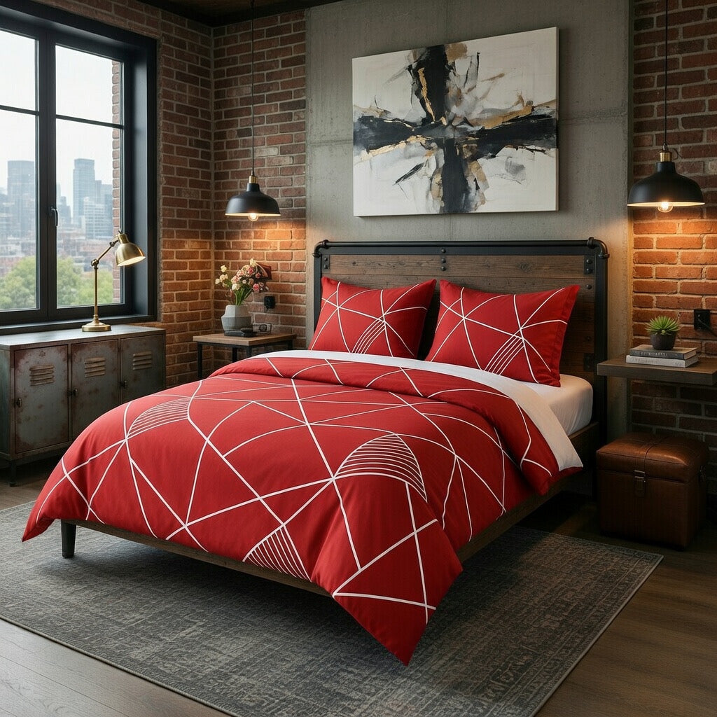 Kırmızı Geometrik Desenli Nevresim Takımı | %100 Pamuklu