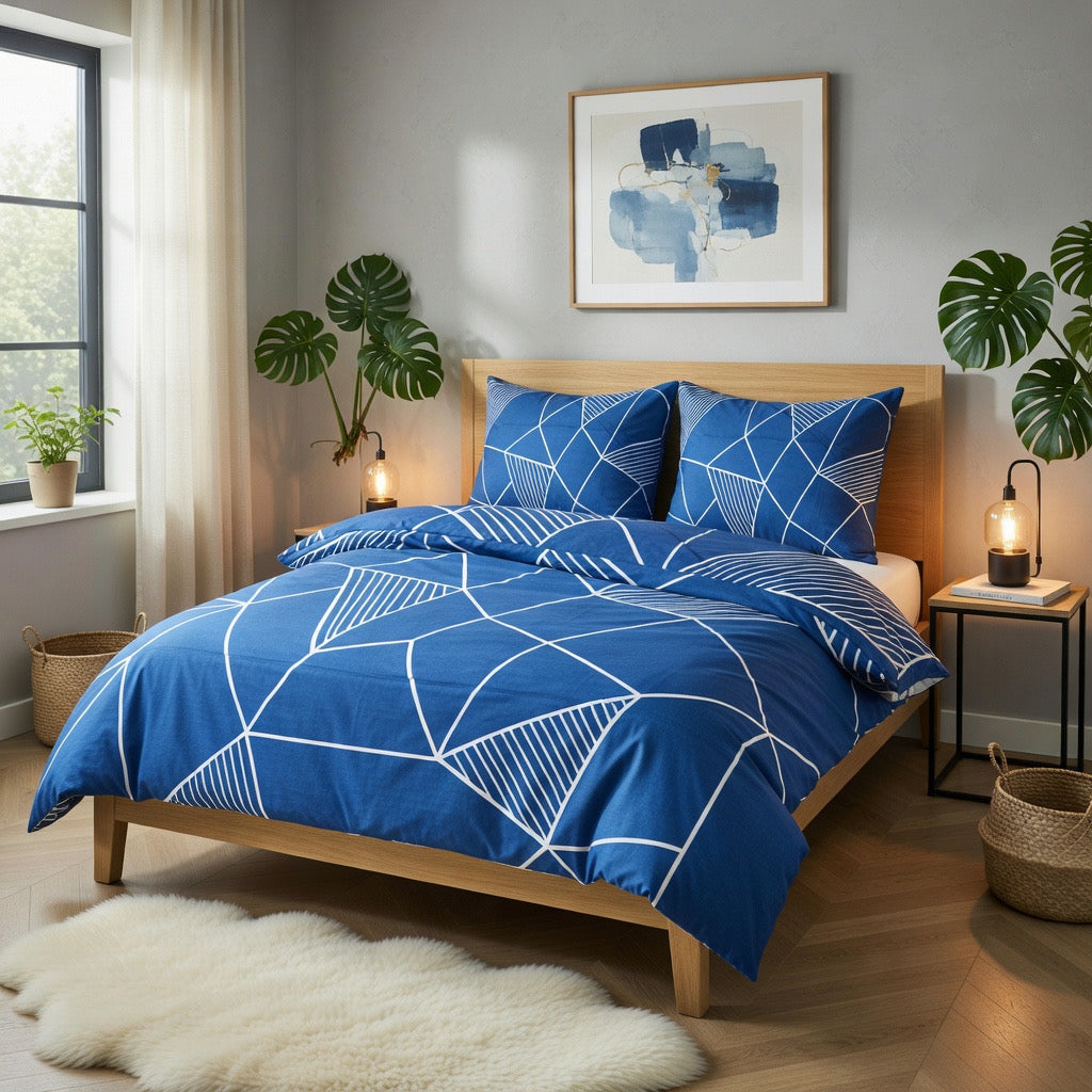 Lacivert Geometrik Desenli Nevresim Takımı | %100 Pamuklu
