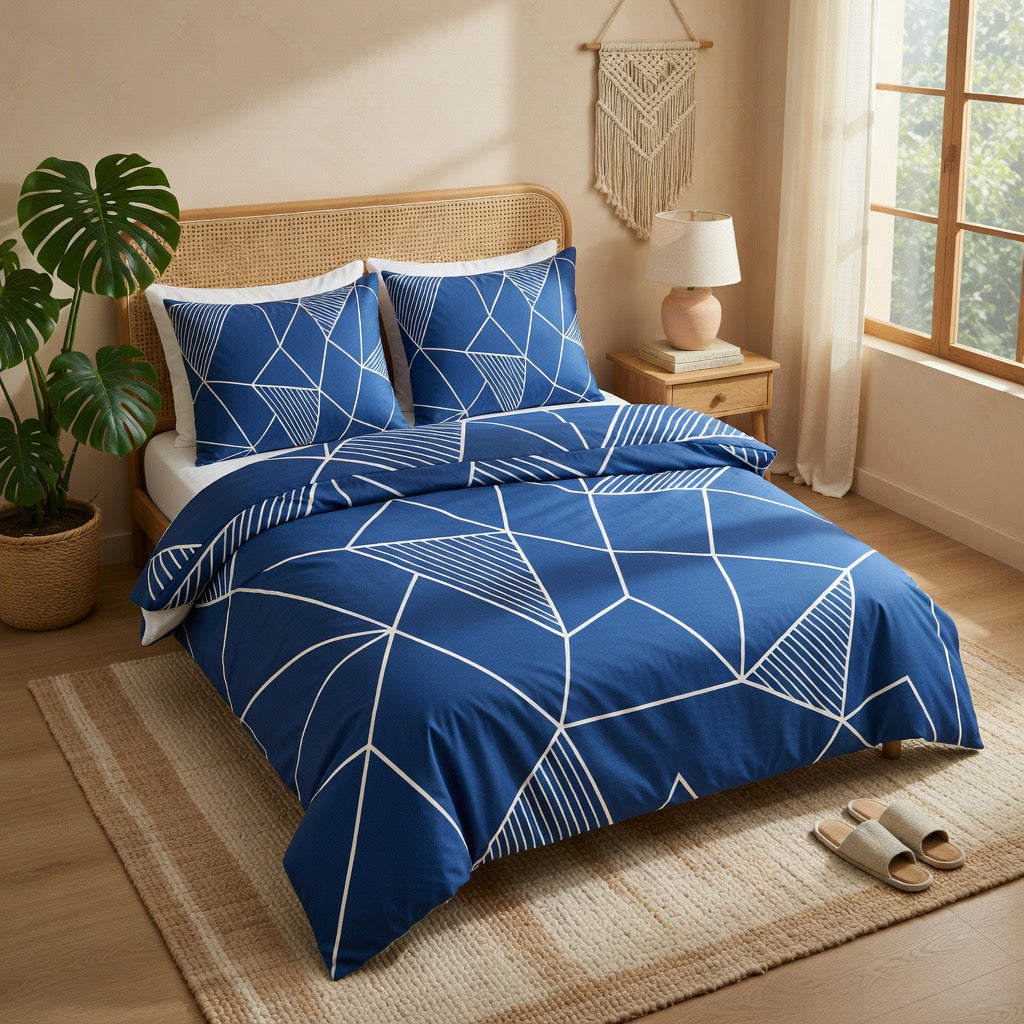 Lacivert Geometrik Desenli Nevresim Takımı | %100 Pamuklu