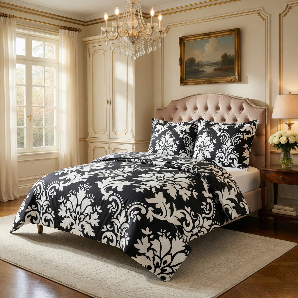 Siyah Beyaz Damask Desenli Nevresim Takımı | %100 Pamuklu