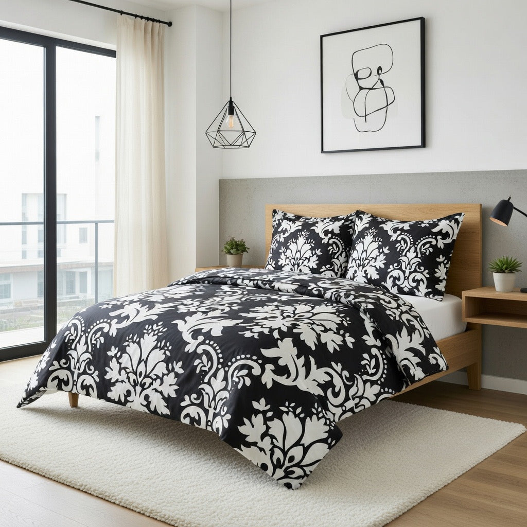 Siyah Beyaz Damask Desenli Nevresim Takımı | %100 Pamuklu