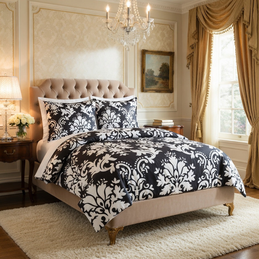 Siyah Beyaz Damask Desenli Nevresim Takımı | %100 Pamuklu