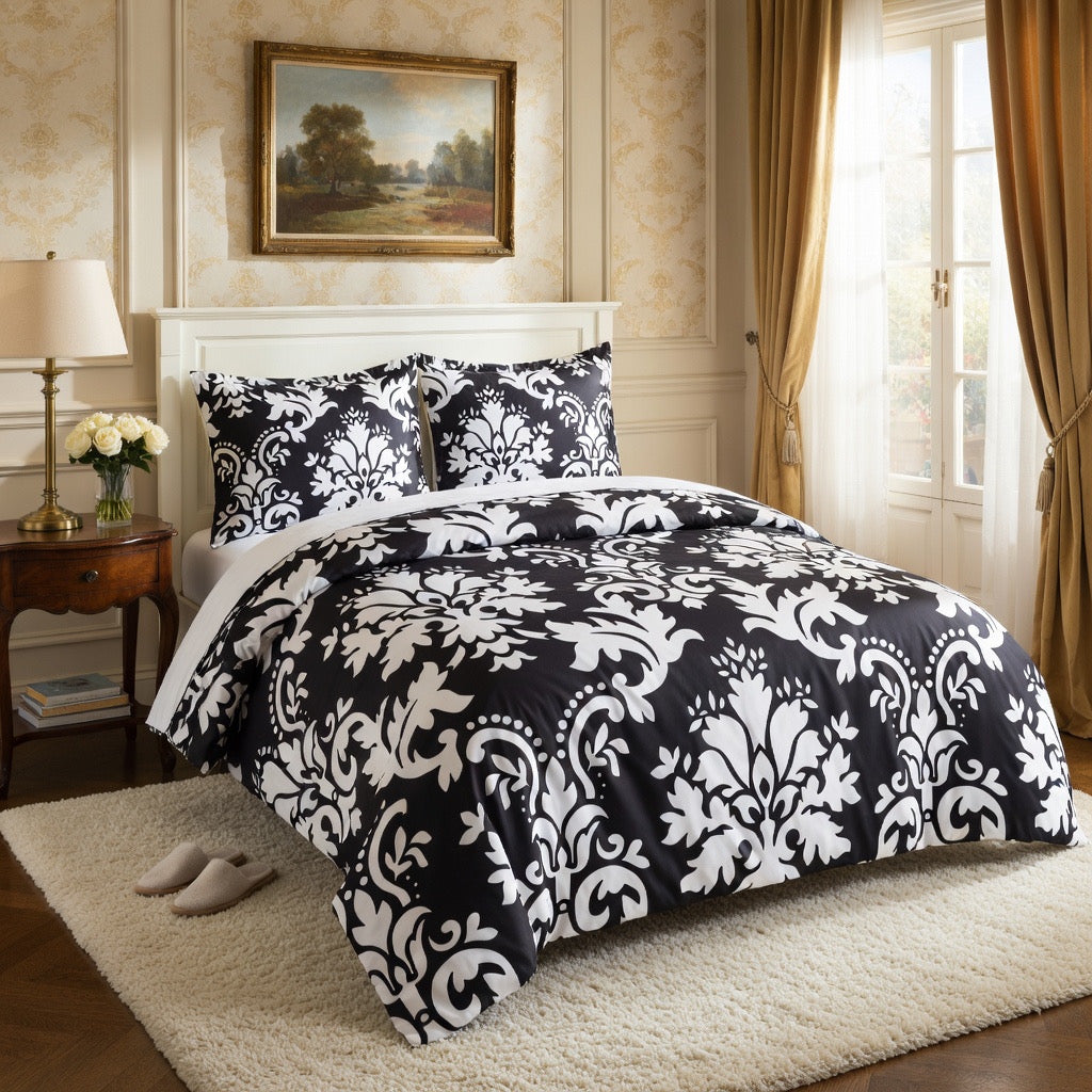 Siyah Beyaz Damask Desenli Nevresim Takımı | %100 Pamuklu