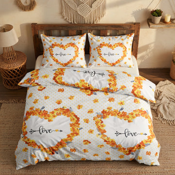 Sarı Love Yazılı Çiçek Desenli Nevresim Takımı | %100 Pamuklu