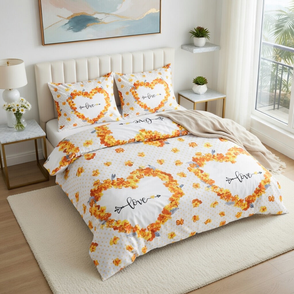 Sarı Love Yazılı Çiçek Desenli Nevresim Takımı | %100 Pamuklu