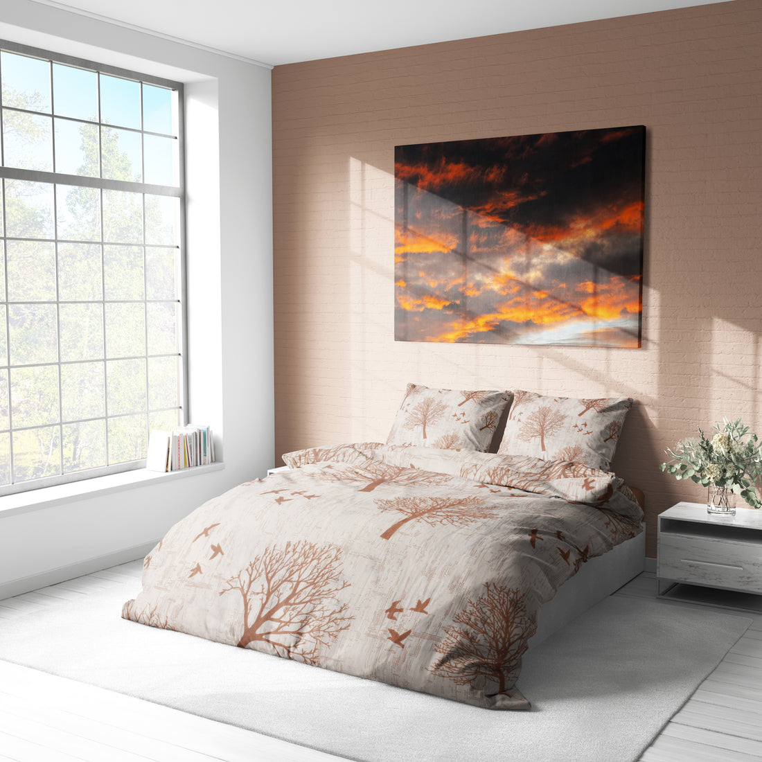 Toprak Tonlarında Ağaç Desenli Pamuklu Nevresim Takımı | Lastikli Çarşaflı