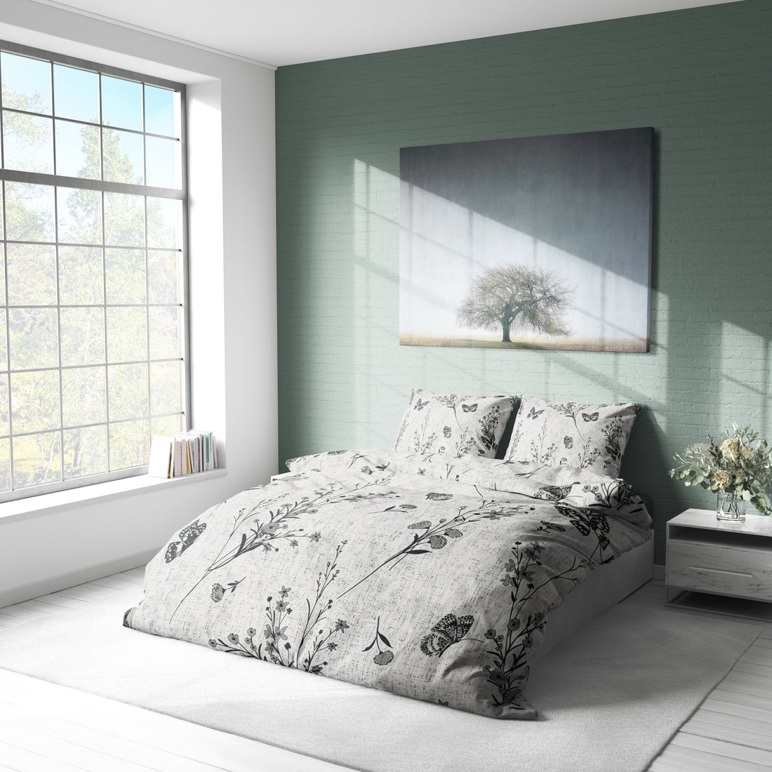 Gri Çiçek ve Kelebek Desenli Pamuklu Nevresim Takımı | Lastikli Çarşaflı