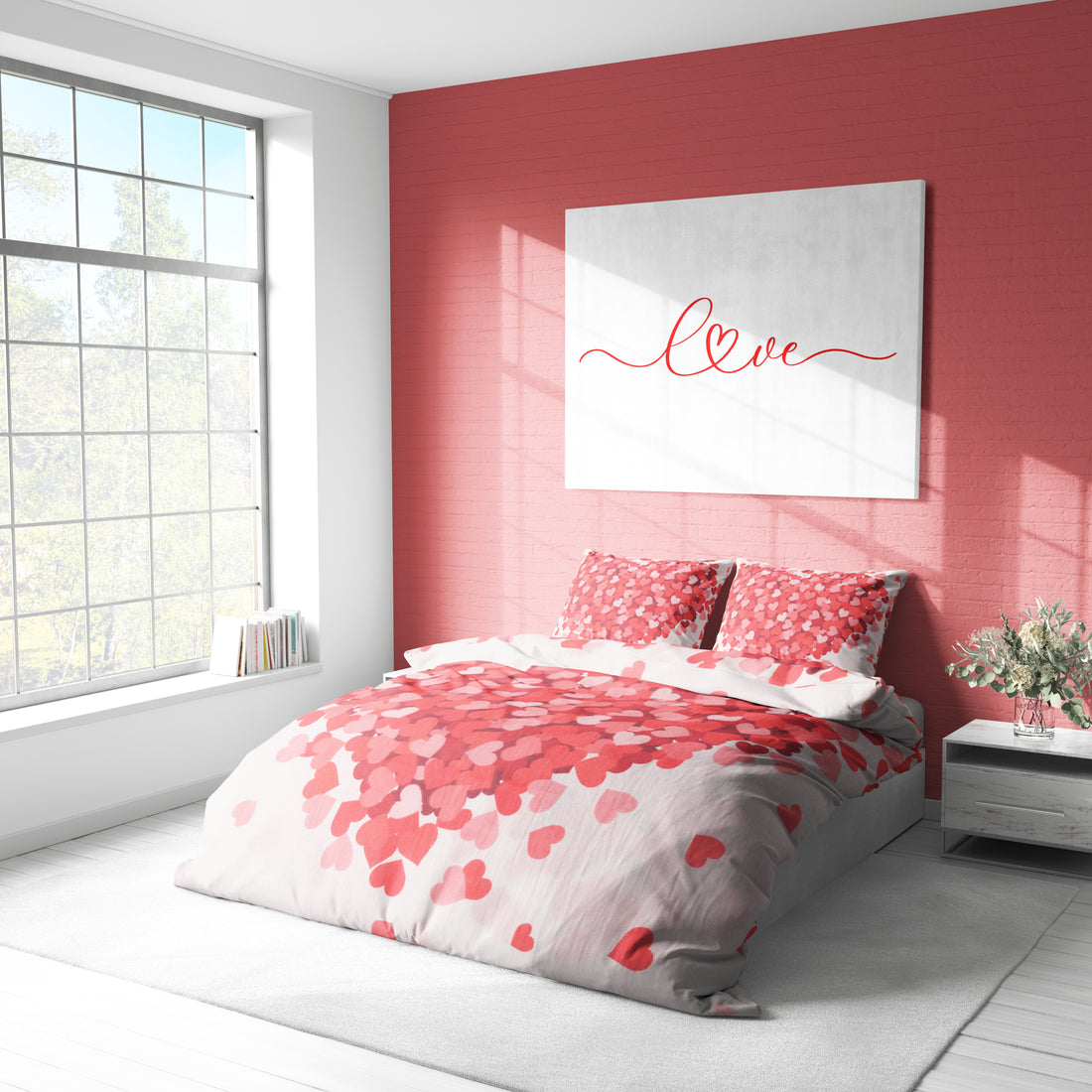 Kırmızı Kalp Desenli Pamuklu Nevresim Takımı | Lastikli Çarşaflı