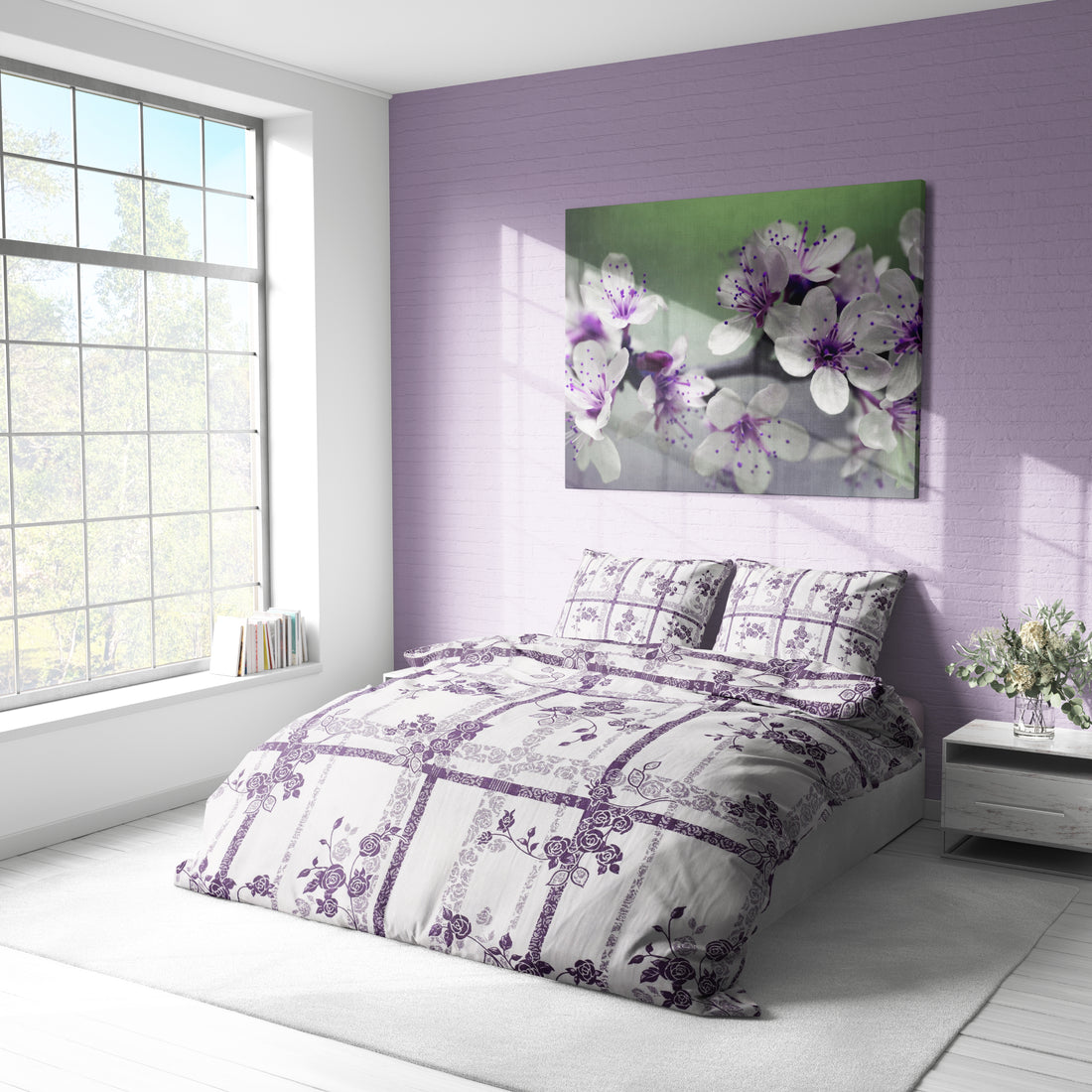 Lila Çiçek Desenli Pamuklu Nevresim Takımı | Lastikli Çarşaflı