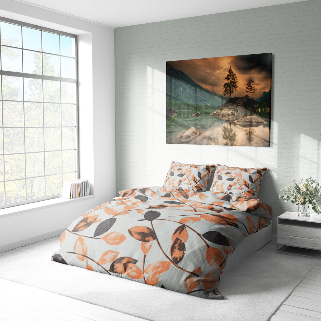 Doğal Yaprak Desenli Pamuklu Nevresim Takımı | Lastikli Çarşaflı