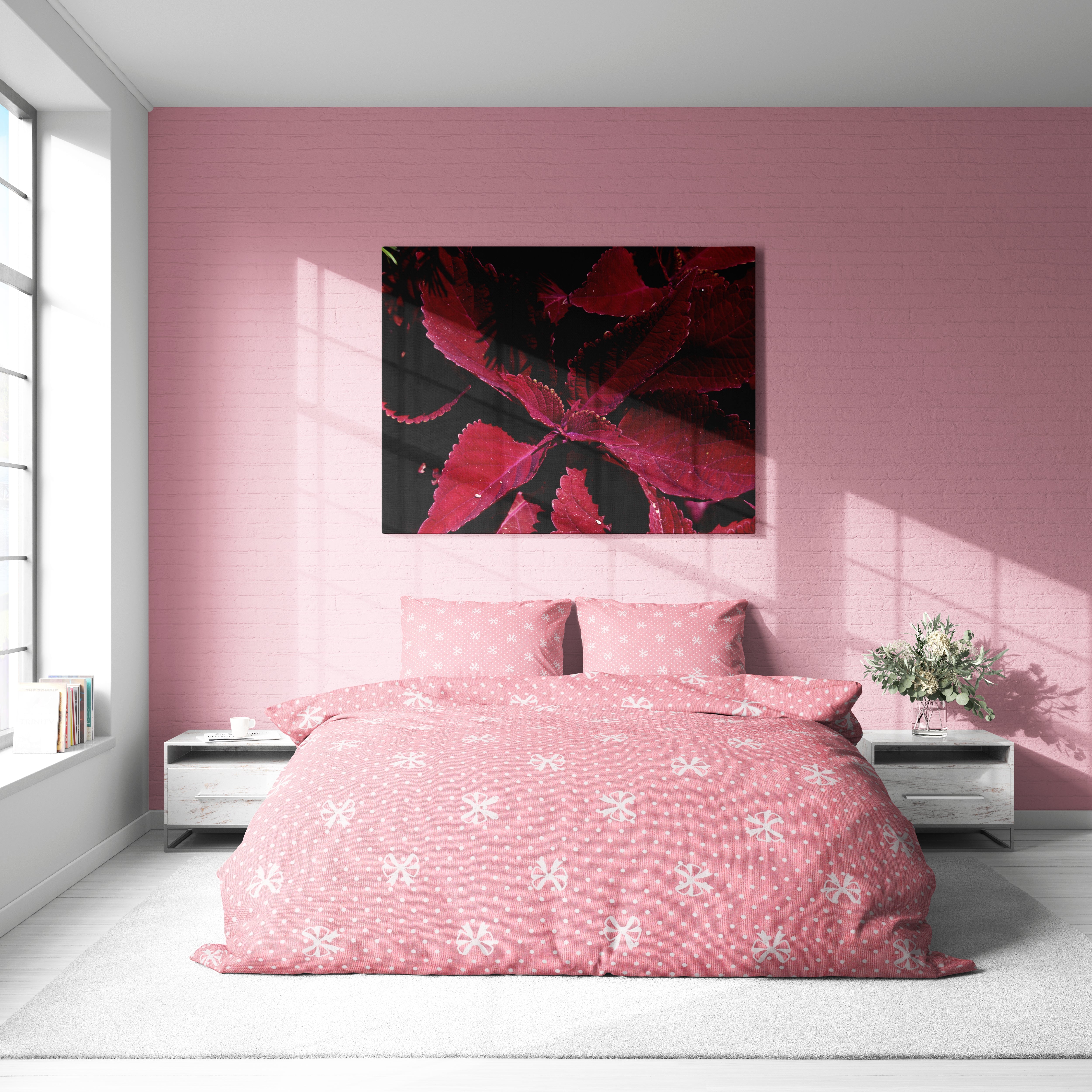 Pudra Pembe Fiyonk Desenli Pamuklu Nevresim Takımı | Lastikli Çarşaflı